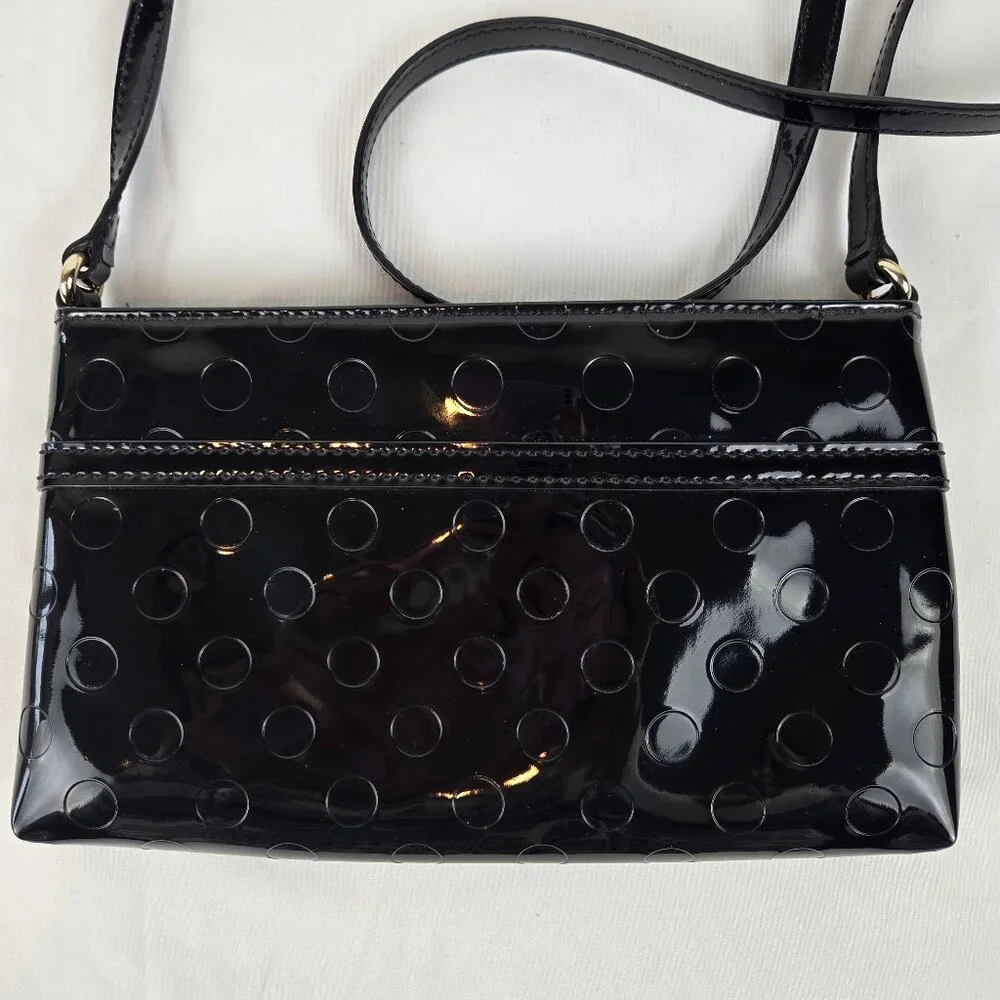 Kate Spade Camellia Street Amy Crossbody Bag Black Patent PVC Debossed Dots